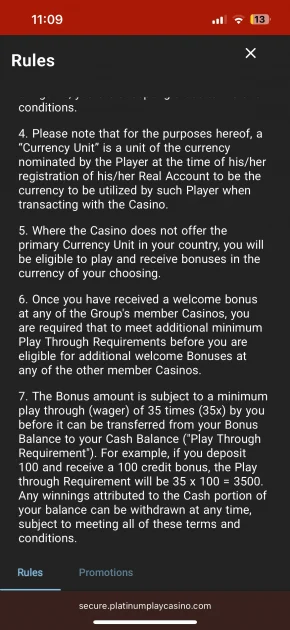 platinum play casino rules