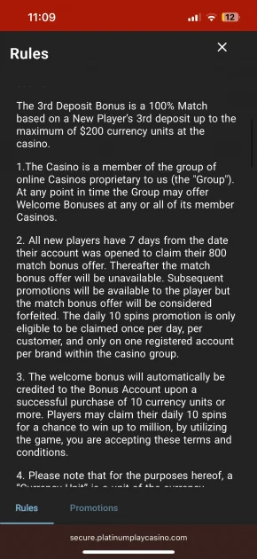 platinum play casino rules