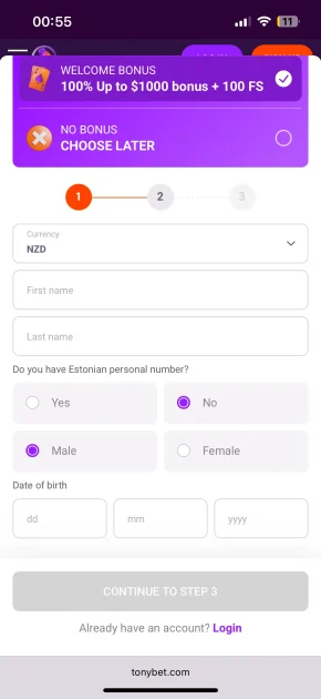 tonybet casino registration