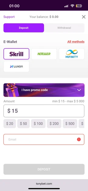 tonybet casino deposit