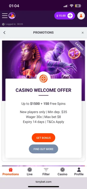 Tonybet Casino bonus