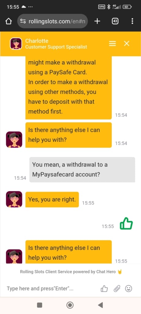 RollingSlots Casino Support