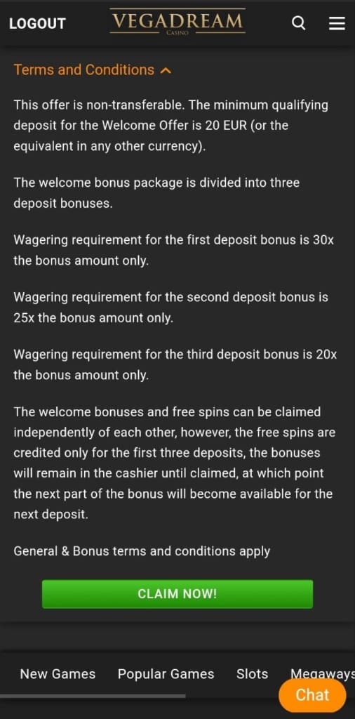 Vegadream Casino Screen