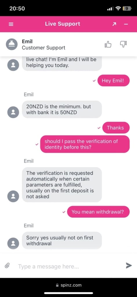 spinz casino support