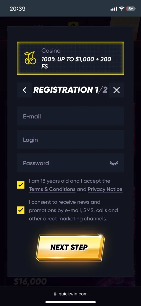 QuickWin Casino registration