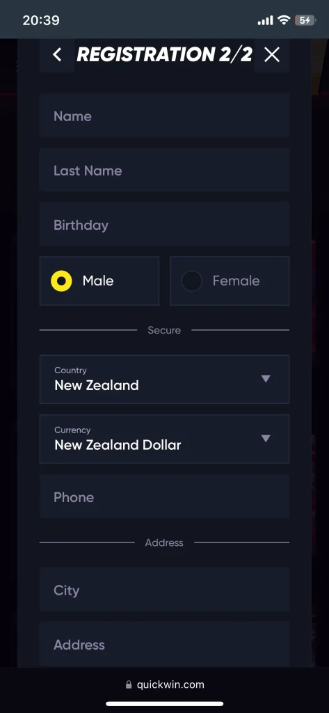 QuickWin Casino registration