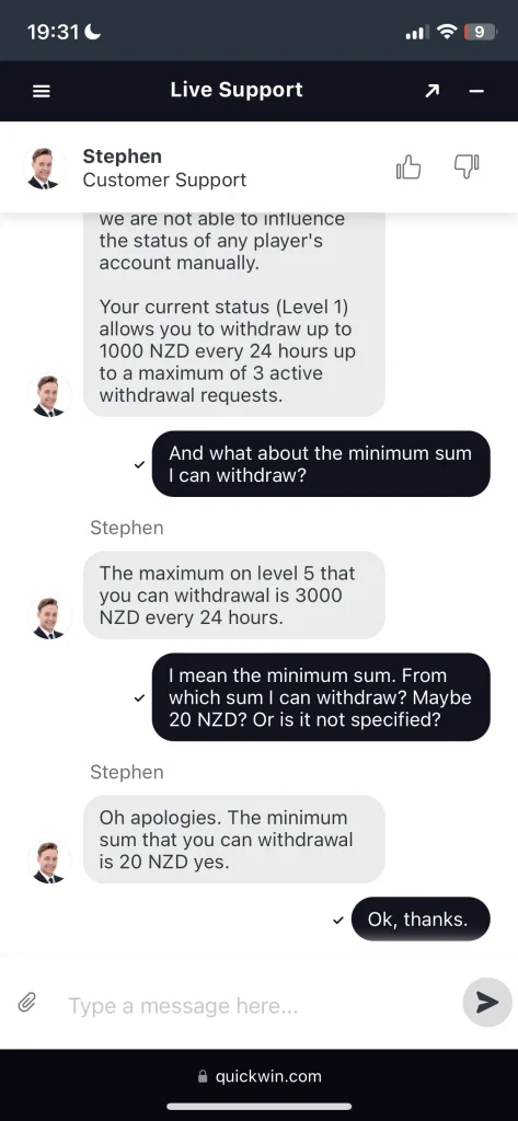 QuickWin Casino Support