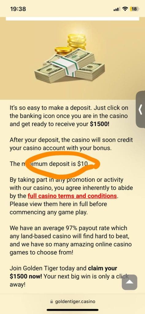 Golden Tiger casino 1$ deposit: NOT existing