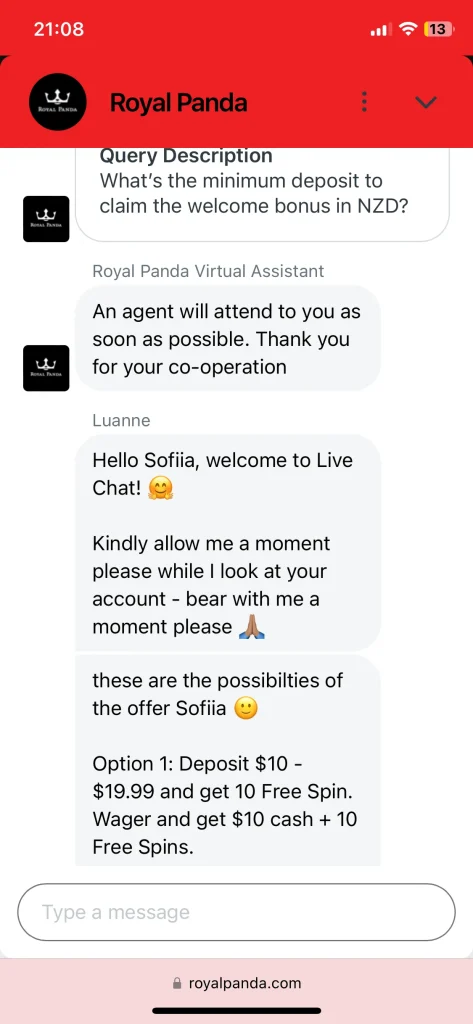 Royal Panda Casino support