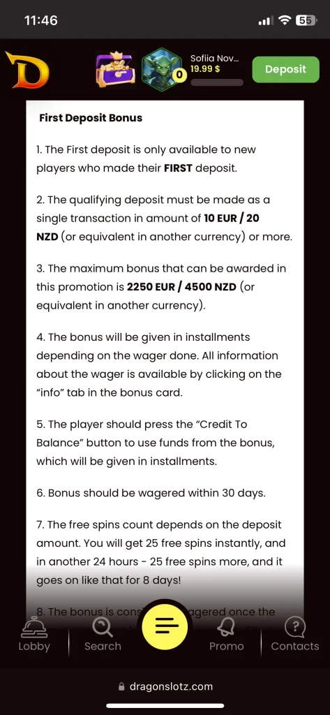 DragonSlots casino bonus