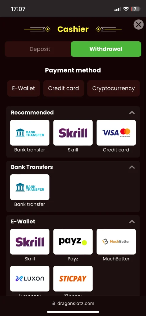 DragonSlots casino payment
