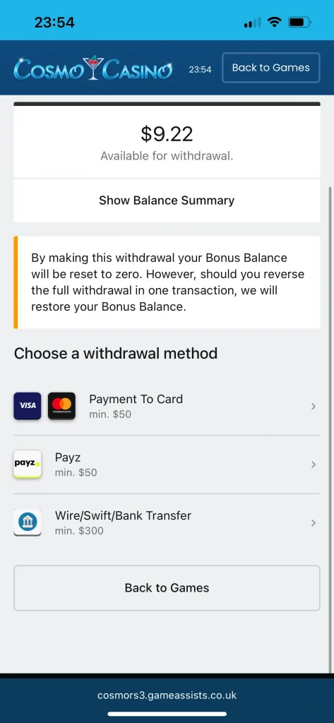 cosmo casino payment