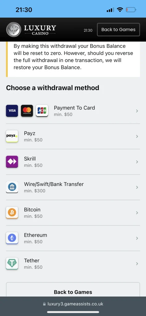 Luxury Casino payment