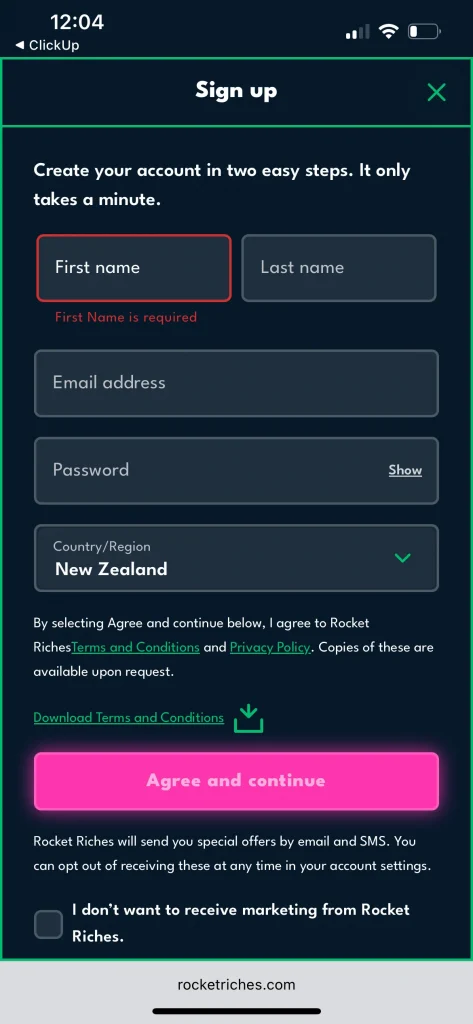 Rocket Riches Casino sing up