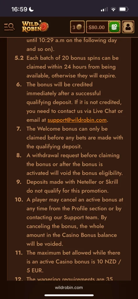 Wild Robin Casino support