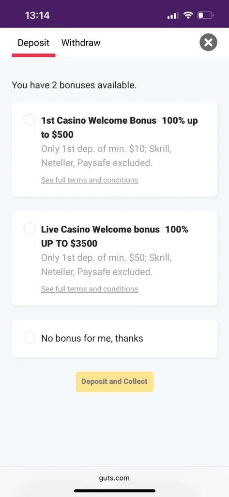 guts casino deposit