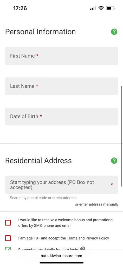 Kiwi's Treasure Casino Registration