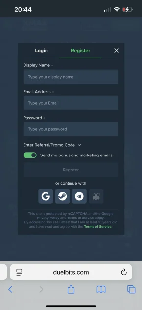 Duelbits Casino registration