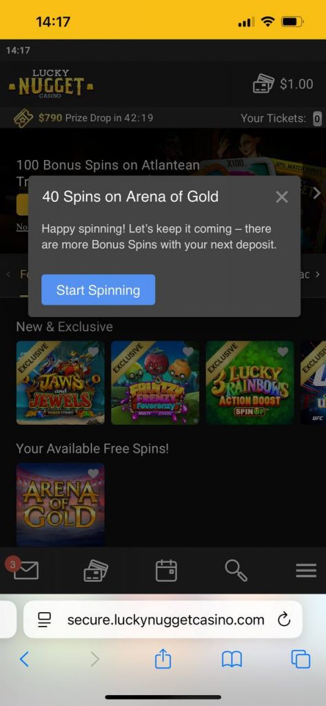 40 spins on arena of gold at lucky nugget