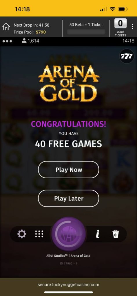40 free spins at arena of gold