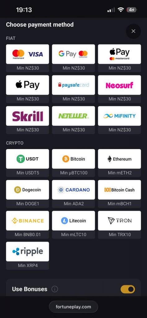 payment methods fortune play