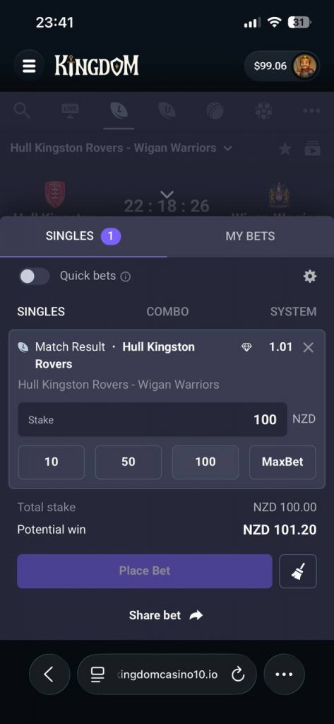 bets on Hull Kingston rovers match at kingdom casino