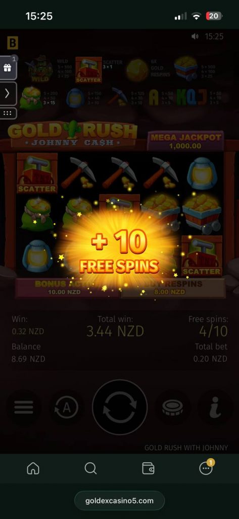 10 free spins retriggerred gold rush